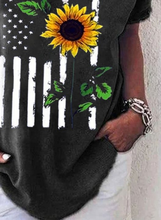 Women's T-shirts Sunflower American Flag Short Sleeve V Neck Casual Daily T-shirts