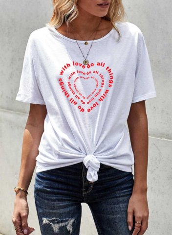 Women's T-shirts Letter Heart Print Solid Round Neck Short Sleeve Daily Casual T-shirts
