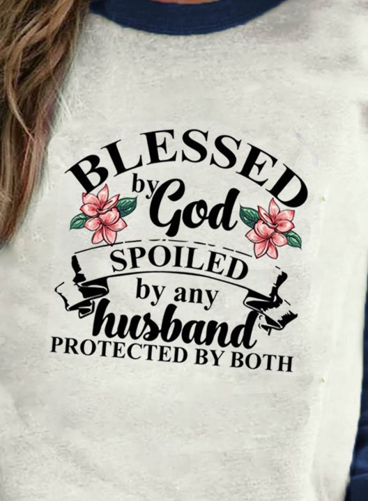 Women's Sweatshirts Floral Blessed By God Spoiled By My Husband Protected By Both Print Long Sleeve Round Neck Casual Sweatshirt