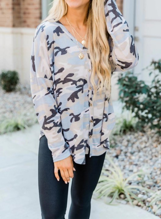 Camo Long Sleeve V Neck Button Sweatshirt