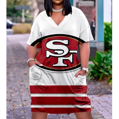 Women's San Francisco 49ers Team Fan Print Pocket Short-sleeved V-Neck Casual Knitted Cotton Dress
