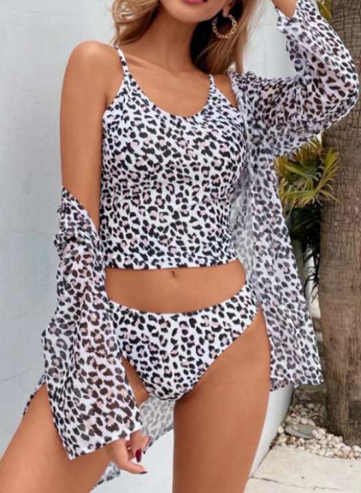 Women's Bikinis Suit Leopard Sleeveless Spaghetti Vacation Bikini With Cove-ups