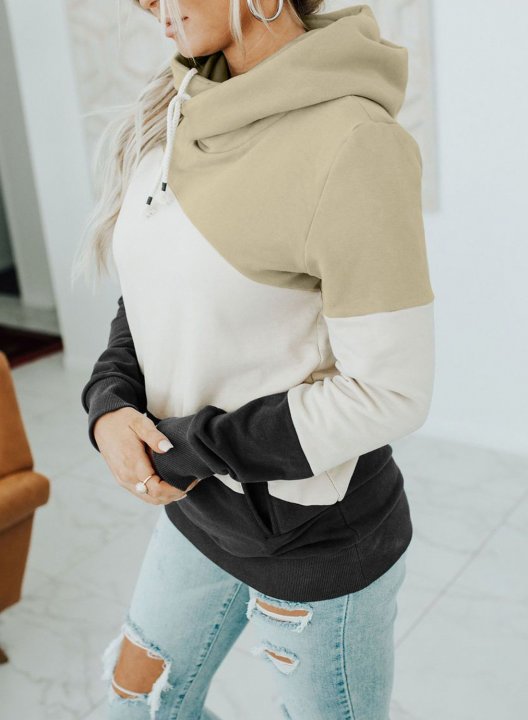 Color Block Stand Neck Long Sleeve Hoodie