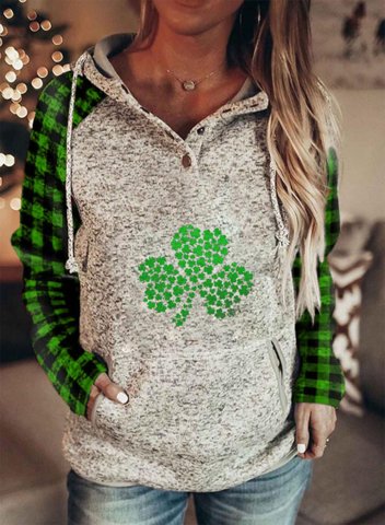 Women's St Patrick's Day Shamrock Hoodies Plaid Drawstring Button Long Sleeve Solid Pocket Casual Hoodies