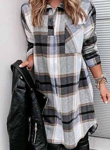 Women's Midi Dresses Plaid Long Sleeve Fit&Flare Turn Down Collar Daily Midi Dress