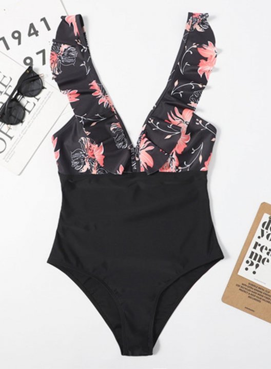 Women's One Piece Swimwear Floral Color Block V Neck Ruffle Vacation One-Piece Swimsuits One-Piece Bathing Suits