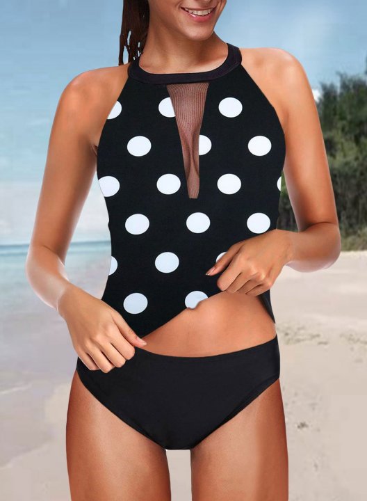 Women's Tankinis Mid Waist Mesh Padded Polka Dot Halter Tankini Set