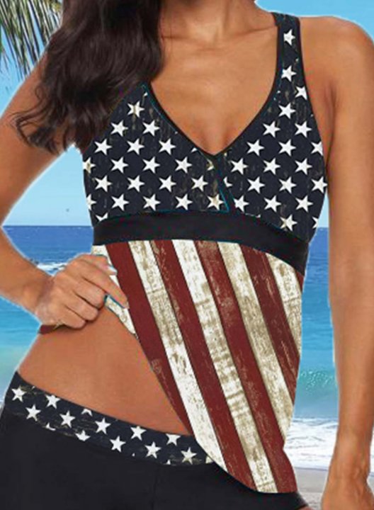 Women's Tankini Set American Flag Padded Mid Waist V Neck Tankini Set