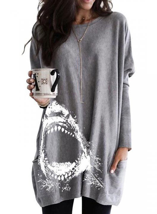 Color Block Printing Long Sleeve Csual Tunic Sweatshirt