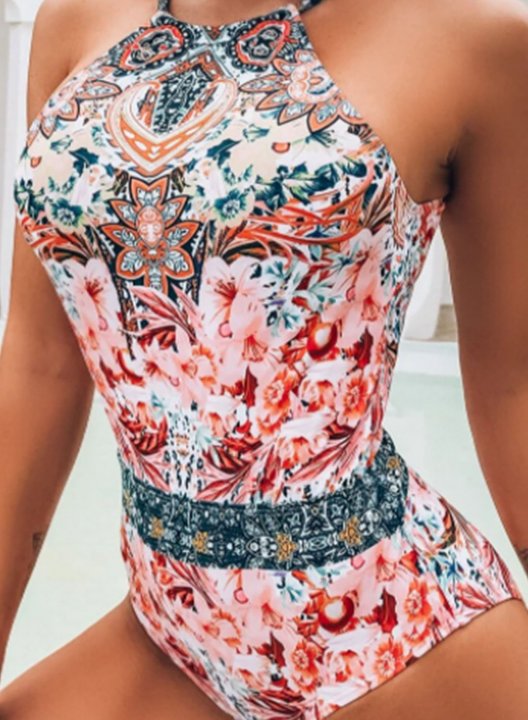 Women's One Piece Swimwear Floral Tribal Halter Summer Boho One-Piece Swimsuits One-Piece Bathing Suits