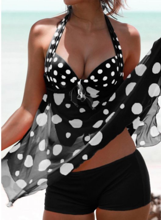 Women's Tankini Set Solid Polka Dot Padded Mid Waist Halter Casual Tankini Set