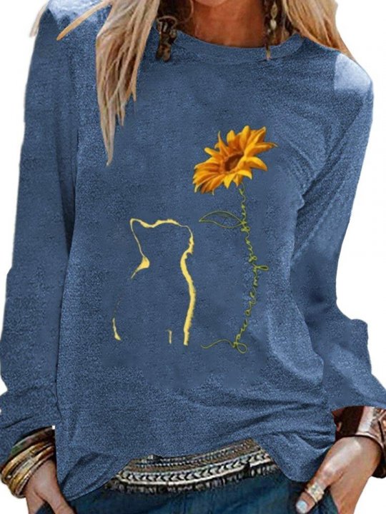 Cats & Sunflower Print Long Sleeve Shirts & Tops