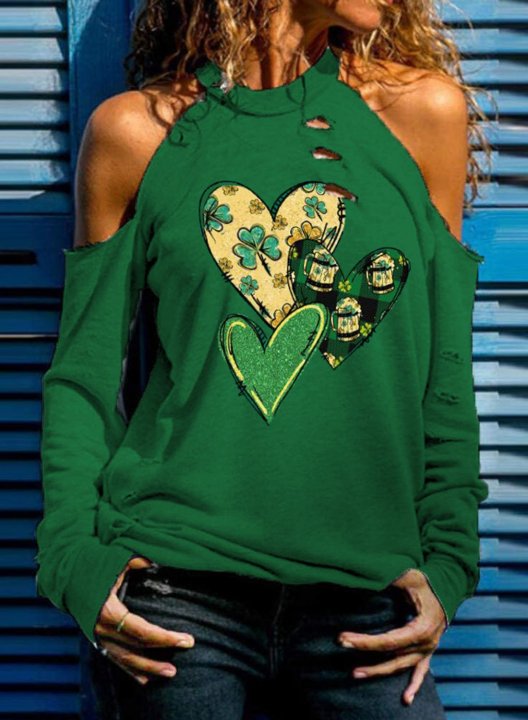 Women's St Patrick's Day T-shirts Heart-shaped Shamrock Print Long Sleeve Round Neck Cold Shoulder Daily T-shirt