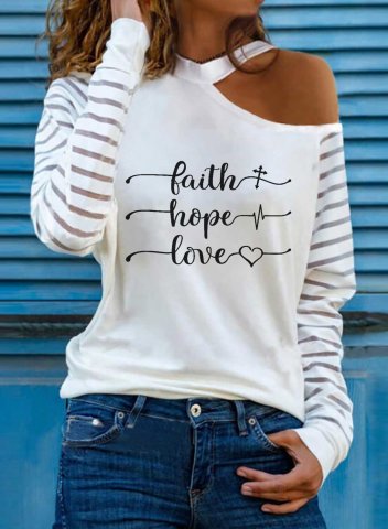 Women's Faith Hope Love Letter Sweatshirt Cold Shoulder Striped Long Sleeve Stand Neck Casual Pullovers