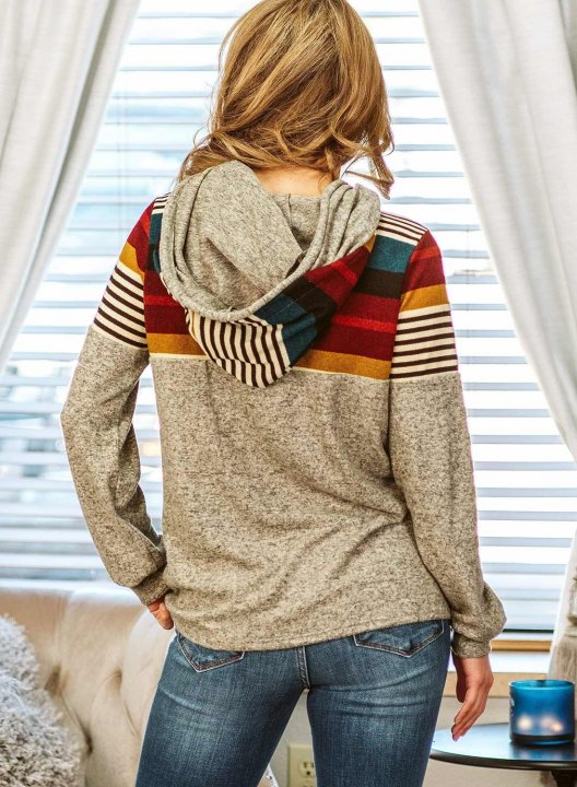 Color Block Striped Long Sleeve Drawstring Hoodie