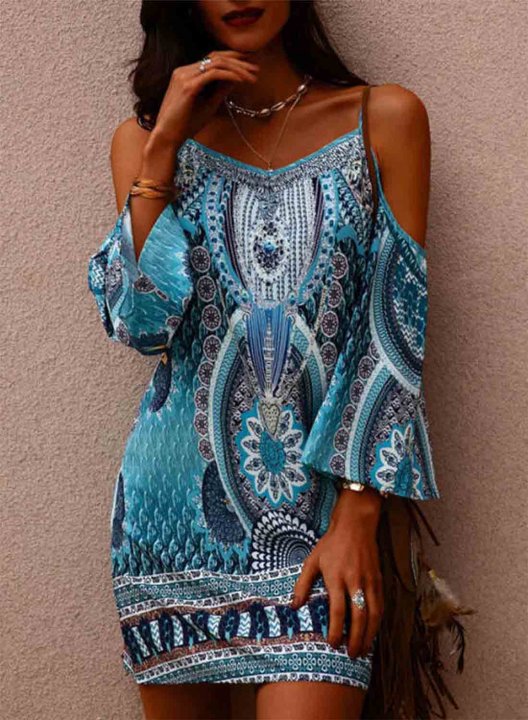 Women's Mini Dresses Tribal Cold Shoulder Spaghetti 3/4 Sleeve Shift Dress