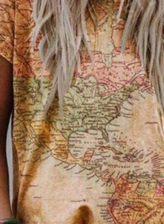 Women's T-shirts Color Block Map The Earth Day Print Short Sleeve Round Neck Daily T-shirt