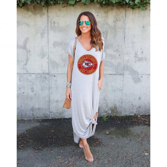 V-neck Kansas City Chiefs Print Short Sleeve Loose Long Dress