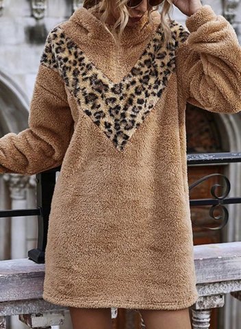 Women's Fuzzy Tunics Leopard Color Block Long Sleeve V Neck Casual Pocket Sweatshirt