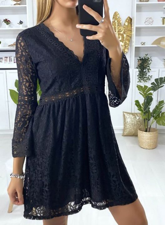 Women's Mini Dress Solid Floral Lace Fit & Flare Long Sleeve V Neck Summer Daily Mini Dress