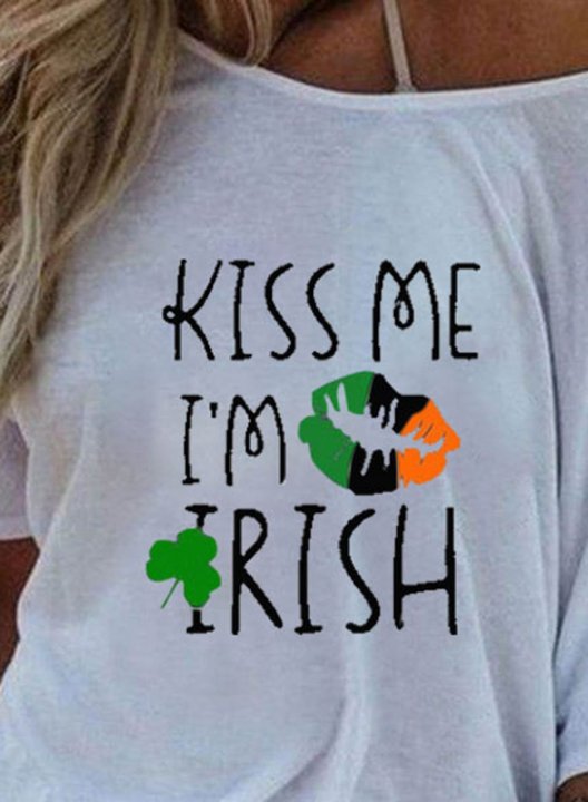 Women's St Patrick's Day T-shirts Letter Kiss Me I'm Irish Lips Shamrock Print Short Sleeve Cold Shoulder Daily T-shirt