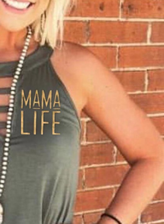 Women's Mama Life Letter Print Tank Tops Sleeveless Round Neck Casual Cut-out T-Shirt Tank