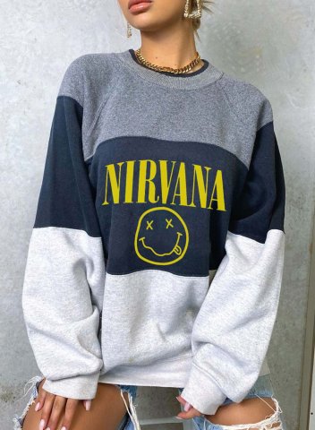 Women's Sweatshirts Color-block Nirvana Smiley Face Crew Neck Loose Sweatshirt