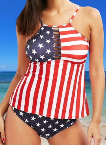 Women's Tankinis Mid Waist American Flag Color Block Cut Out Spaghetti Beach Tankinis