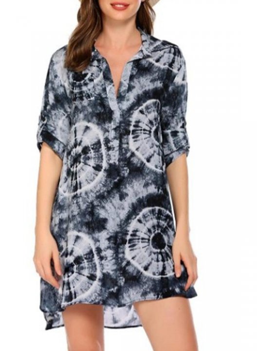 Women's Mini Dress Leopard A-line 3/4 Sleeve Turn Down Collar Summer Daily Casual Beach Mini Dress