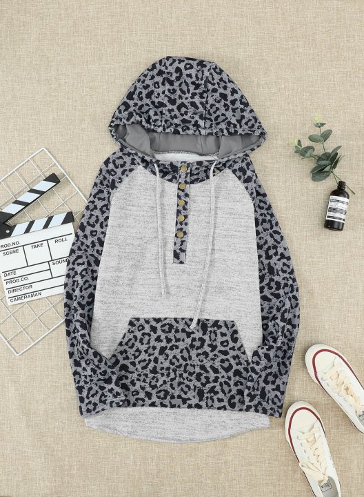 Color Block Leopard Long Sleeves Hoodie