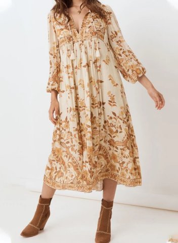 Women's Midi Dress Floral Fit & Flare V Neck 3/4 Sleeve Daily Boho Midi Dress