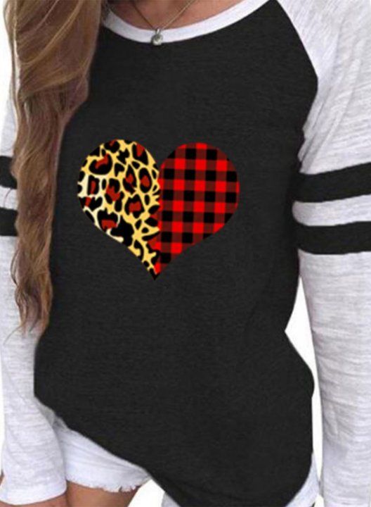 Women's T-shirts Striped Leopard Color Block Heart-shaped Print Long Sleeve Round Neck Daily T-shirt