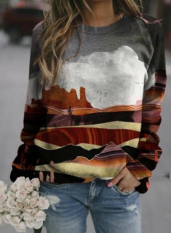Women's Pullovers Casual Color Block Landscape Long Sleeve Round Neck Daily Pullovers