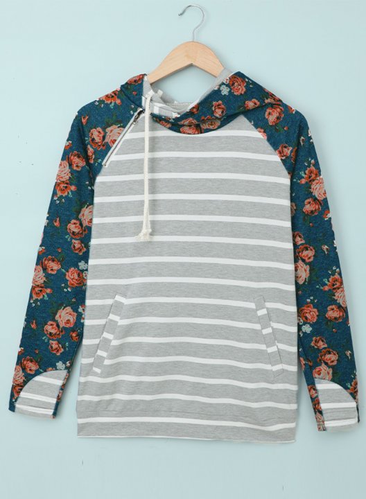 Floral-Print Paneled Striped Pocket Hoodie