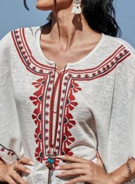 Women's Blouses Color Block Tropical Half Sleeve Round Neck Vacation Fringe Tassels Blouse