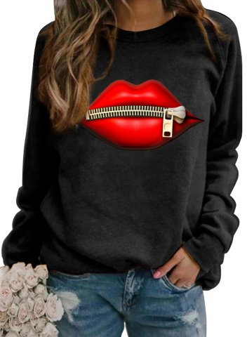 Lips Print Round Neck Long Sleeve Casual Sweatshirt