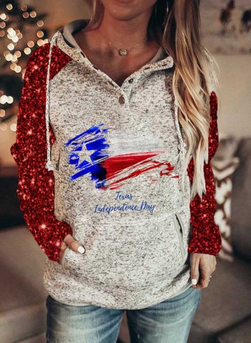 Women's Texas Independence Day Hoodies Letter Sequin Color Block Long Sleeve Casual Hoodie