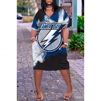 Tampa Bay Lightning Print Fashion Casual V Neck Short Sleeve Dress