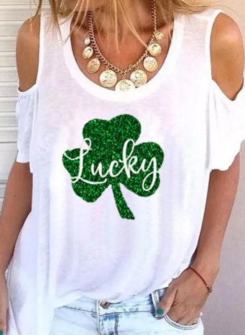 Women's T-shirts Shamrock Letter Lucky Print St Patrick's Day Sequin Short Sleeve U Neck Cold-shoulder Daily T-shirt