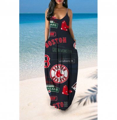 Small V-neck Boston Red Sox Team Print Sleeveless Sling Long Loose Dress