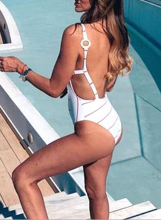 Women's One Piece Swimwear Striped Off Shoulder One-Piece Swimsuit