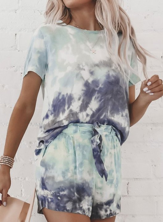 Women's Loungewear Sets Color Block Tiedye Short Sleeve Round Neck Casual Drawstring Loungewear Sets