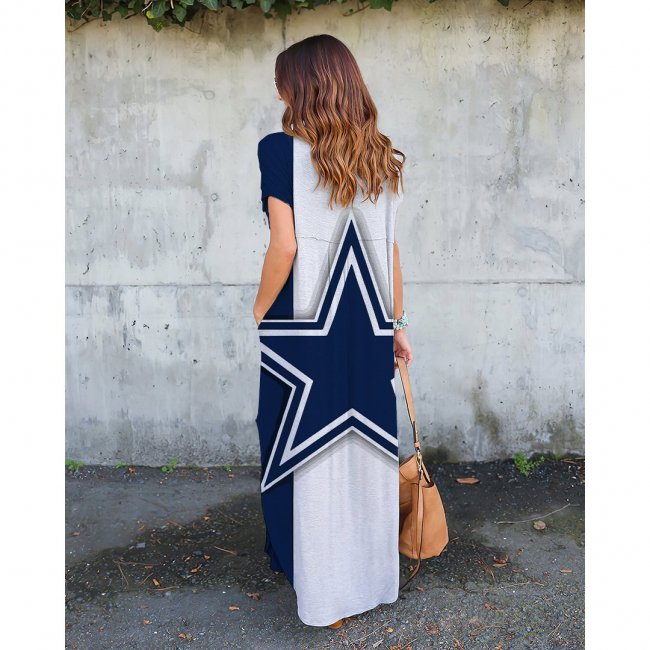 V-neck Cowboys Print Short-Sleeved Loose Long Dress