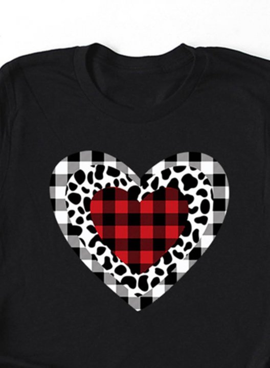 Women's T-Shirt Casual Plaid Leopard Heart-shaped Solid Round Neck Short Sleeve Daily T-shirts