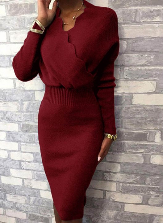 Women's Dress V Neck Long Sleeve High Waist Solid Knitted Bodycon Dress