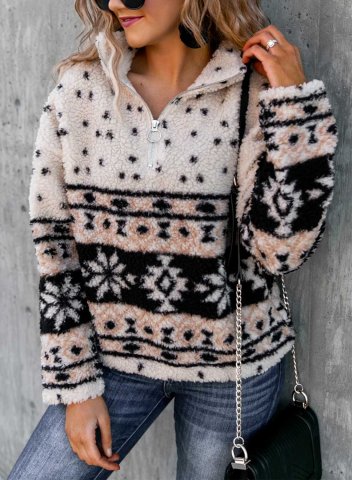 Women's Sweatshirts High Neck Long Sleeve Fur Tribal Zip Winter Casual Sweatshirts