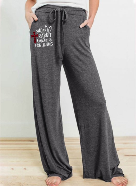 Women's Palazzo Pants Straight Letter Mid Waist Full Length Pocket Drawstring Casual Daily Pants