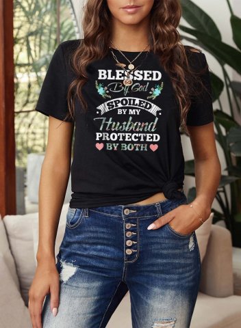 Women's Funny Black Graphic T-shirts Blessed By God Spoiled By My Husband Protected By Both Print Daily T-shirts