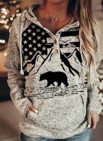 Women's Hoodies Bear Print American Flag Long Sleeve Casual Drawstring Hoodie