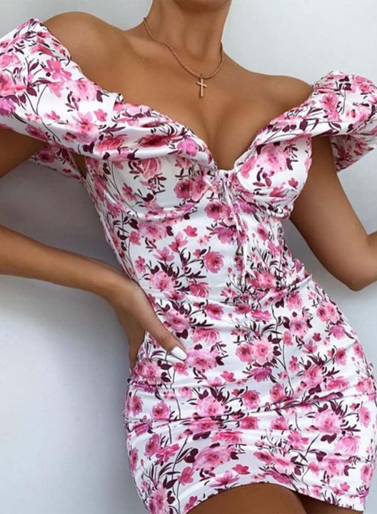 Women's Mini Dresses Floral Color Block Short Sleeve V Neck Bodycon Daily Mini Dress